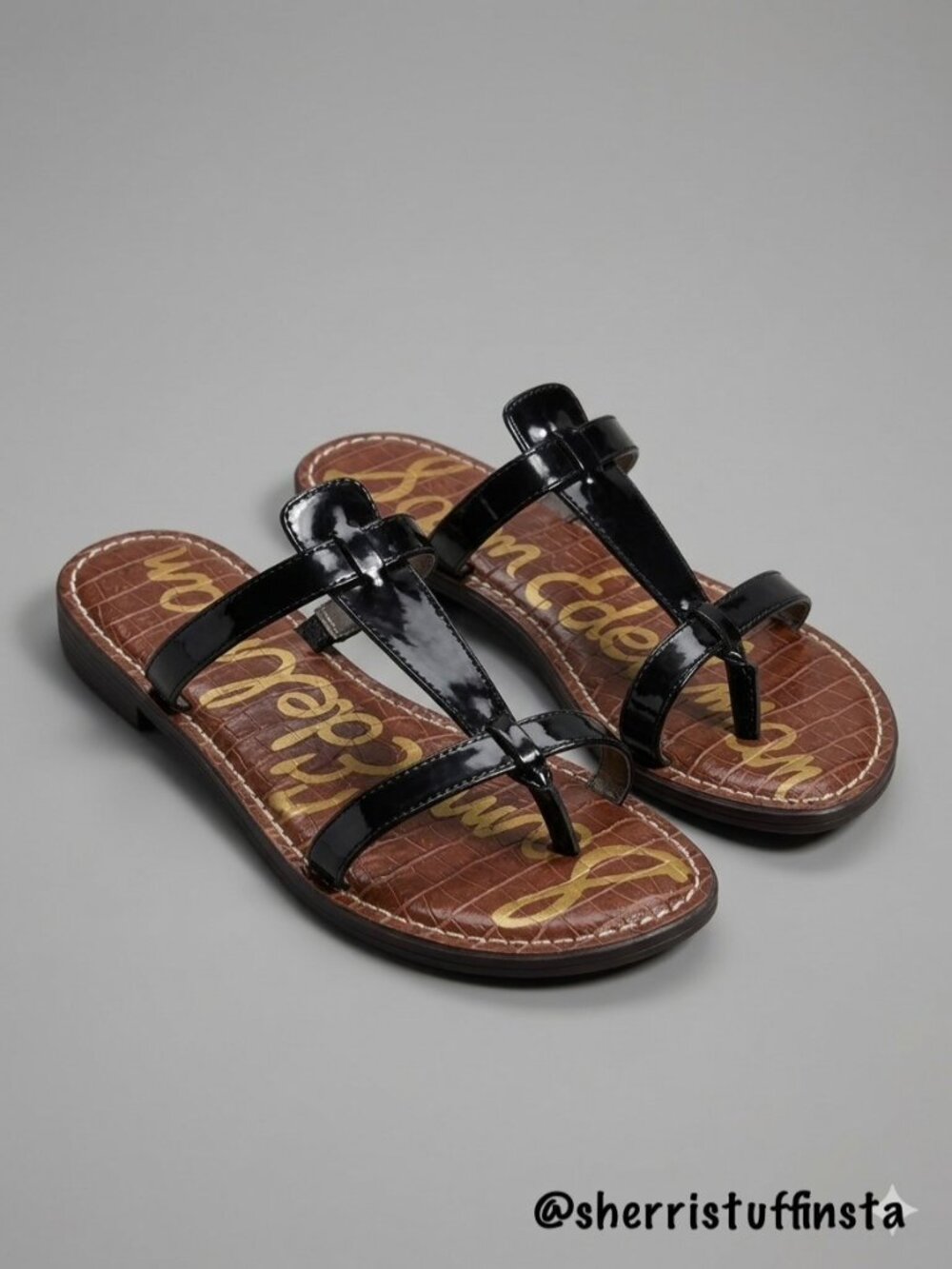 Sam Edelman Kira Black Patent Croc-Embossed Sandal Size 10M All Man-Made Materia